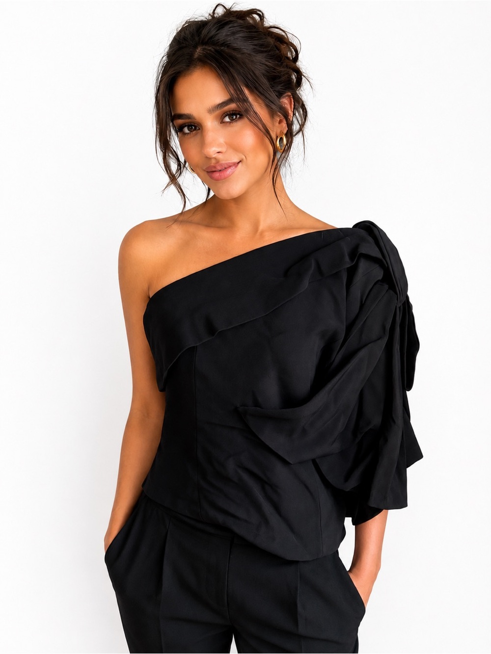 NEW Balmain Paris Black One-Shoulder Draped Silk side zip Top Asymmetrical 42